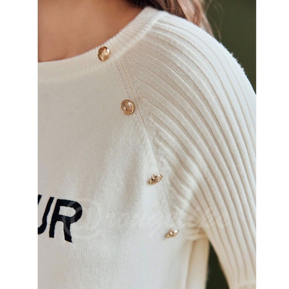 Off White French Style Knit Sweater Text Embroidery Amour Paris Long Sleeve - Picture 5 of 8